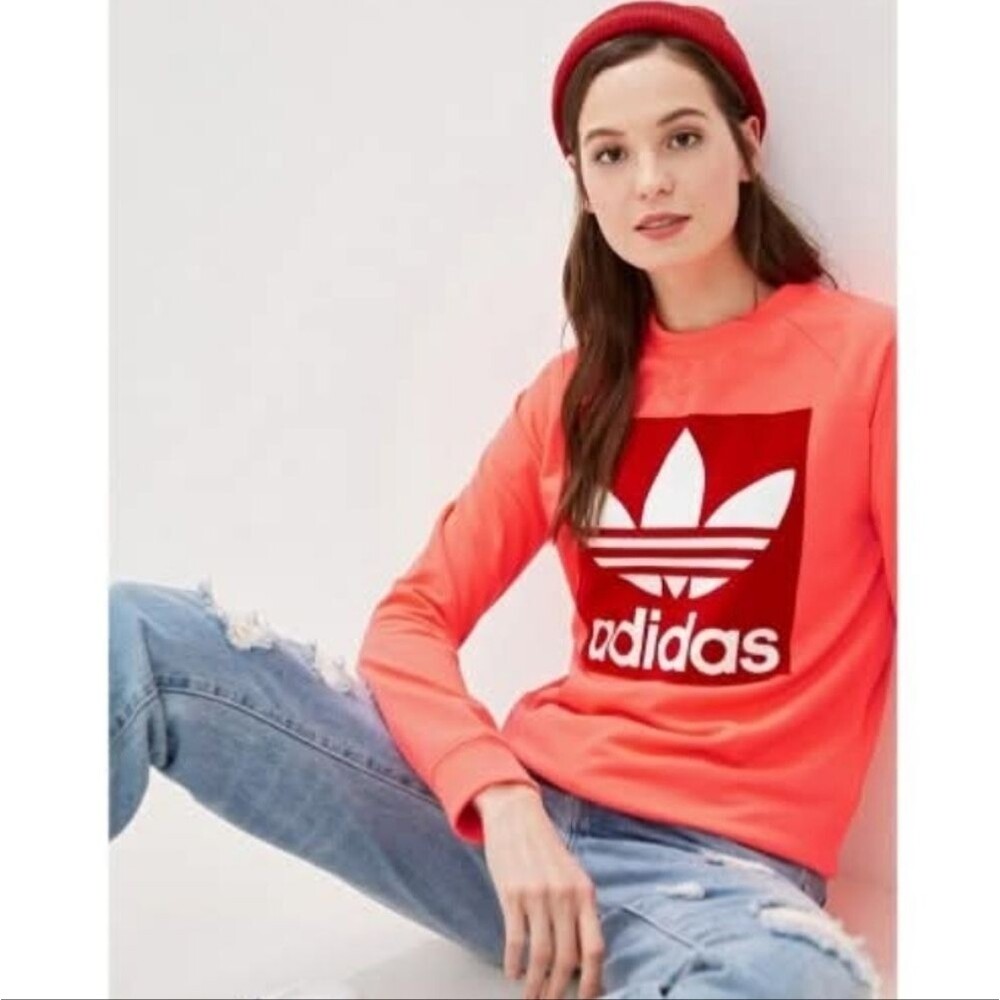 ADIDAS WOMENS TREFOIL CREW SWEATSHIRT FLARED sz S Neon And Red - Picture 5 of 16